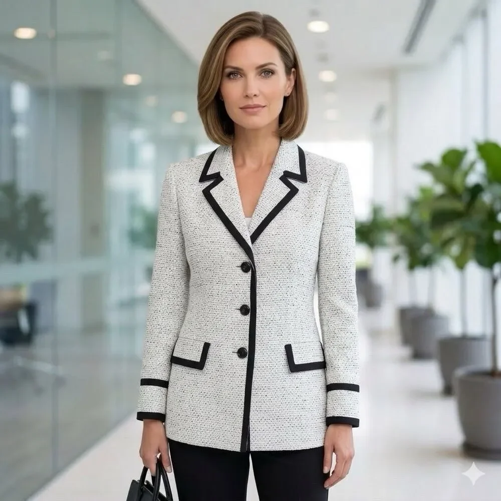 Kasper Tweed Contrast Black White 3 Button Women's Blazer Jacket Plus Size 18 - Picture 1 of 16